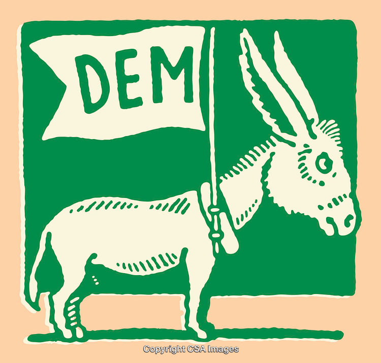 Color Illustration of Donkey Holding DEM Flag in Retro Style Art