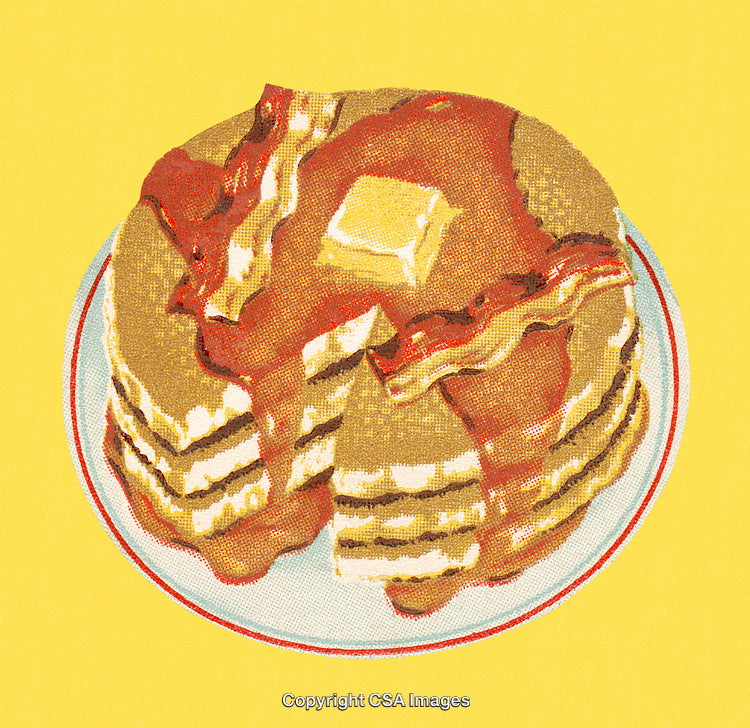 Stack of Pancakes with Bacon and Syrup on Yellow Background