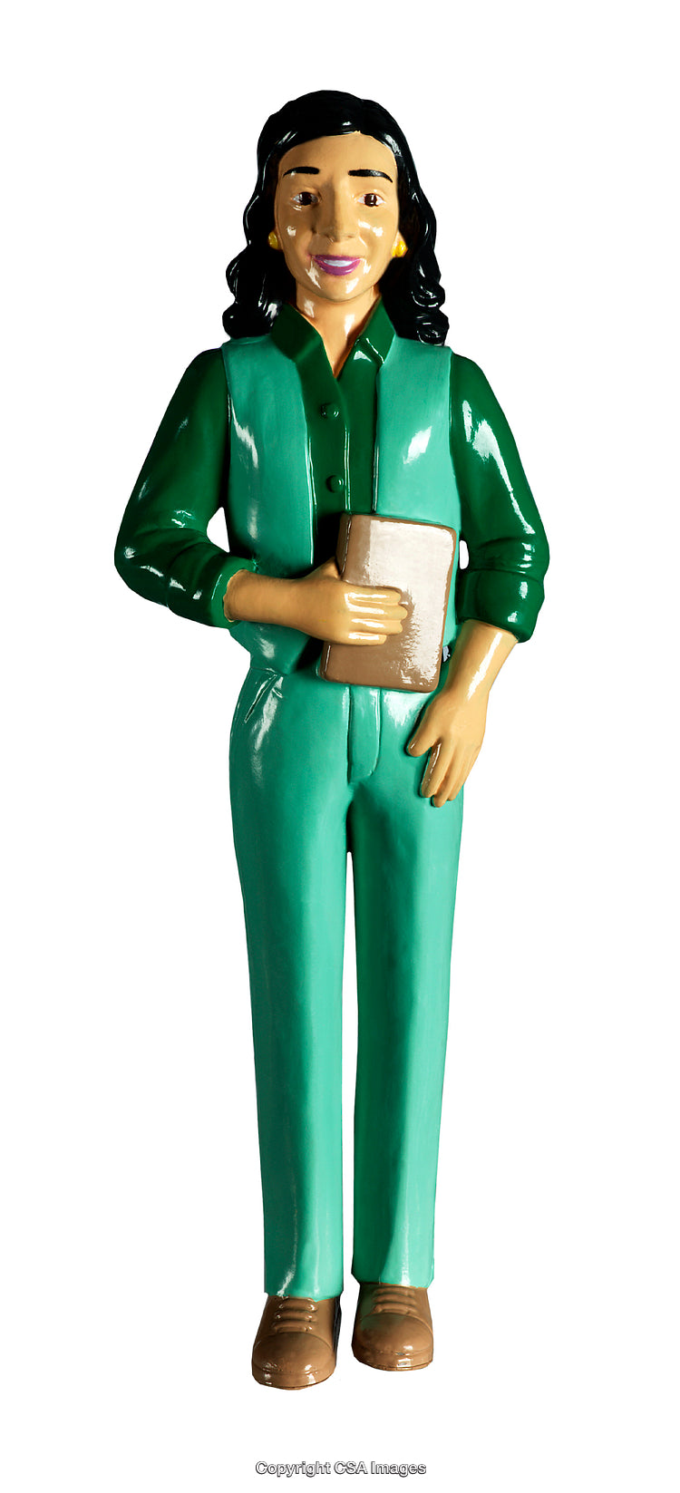 Handcrafted Plastic Figurine of a Woman Holding a Book in Green Attire