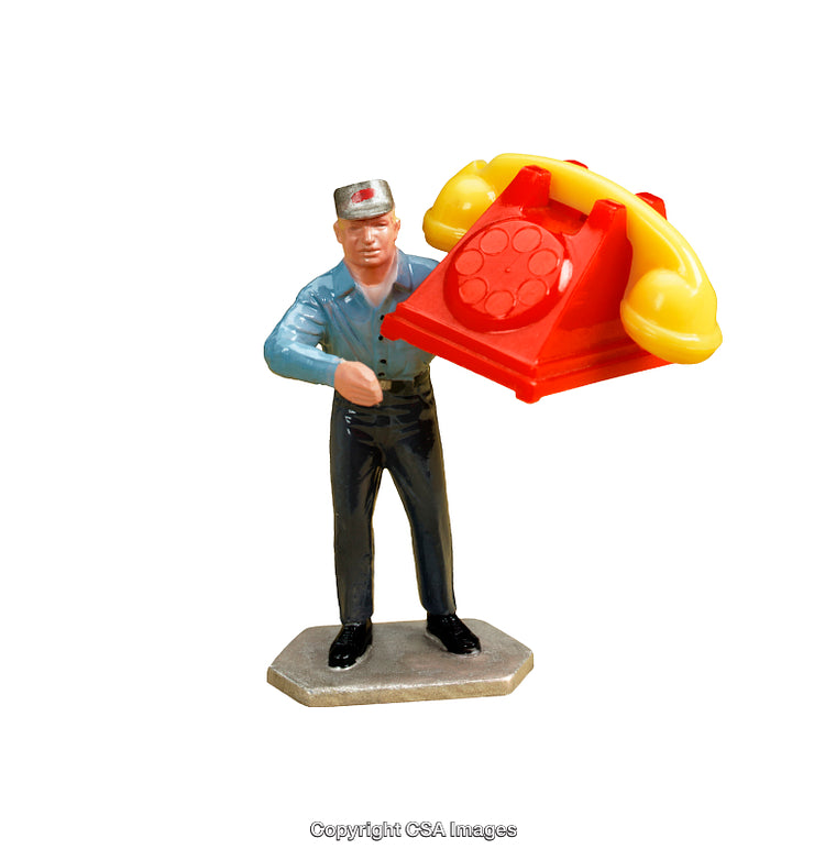 Colorful Toy Figure Holding Oversized Vintage-Style Telephone