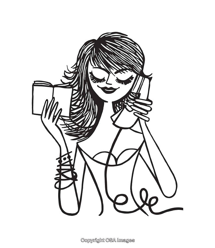 Stylish Line Art Woman Reading and Talking on a Corded Phone
