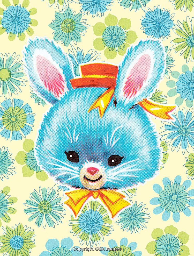 Vintage Style Illustration of Blue Bunny With Vibrant Floral Background
