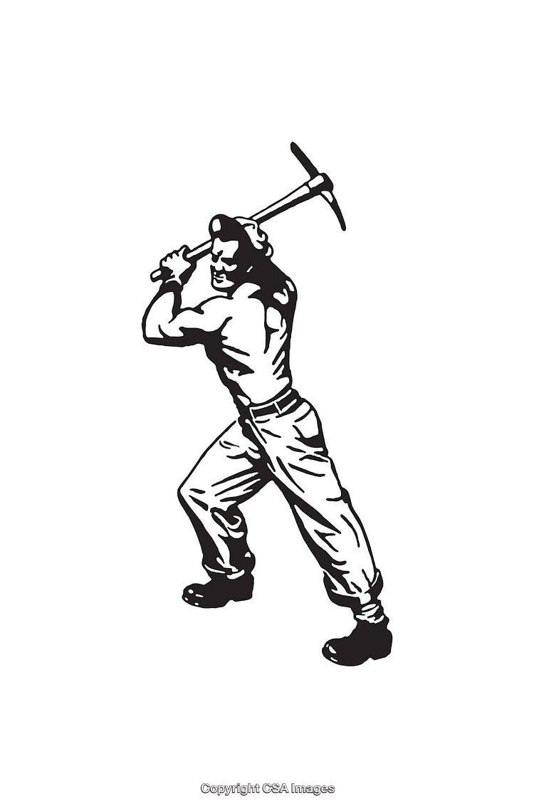 Black and White Illustration of a Worker Holding a Pickaxe