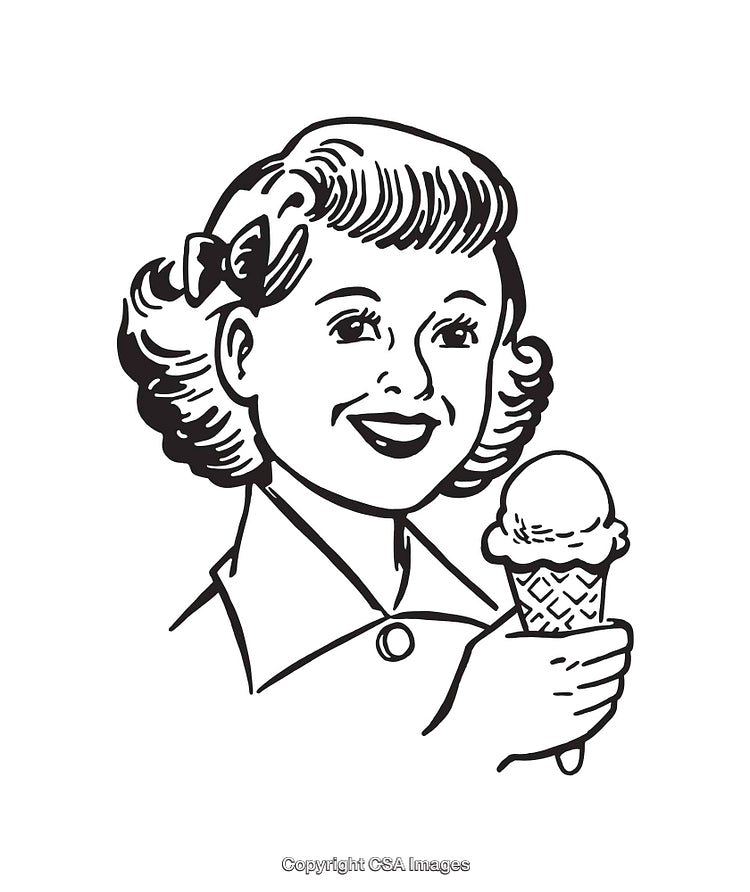 Retro Line Art of a Smiling Girl Holding an Ice Cream Cone