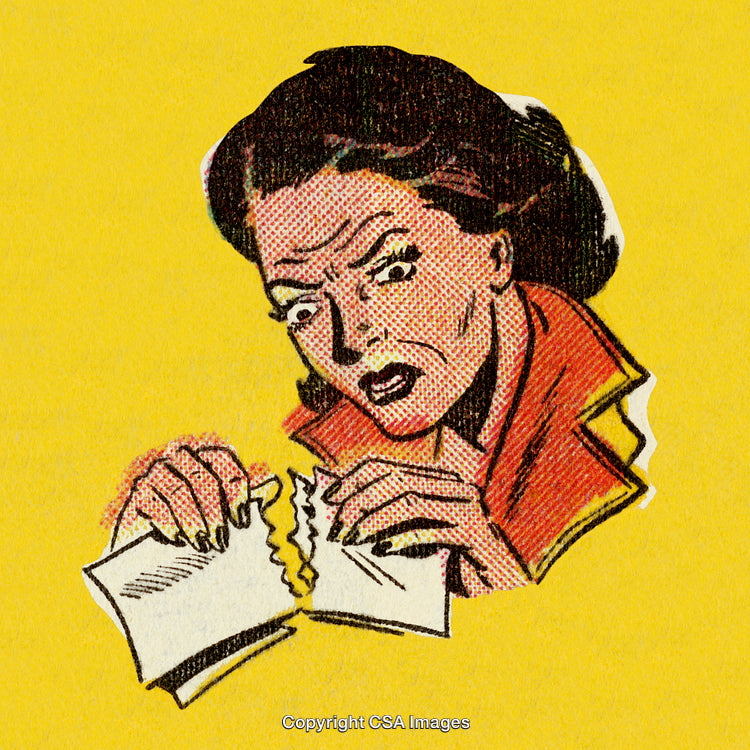 Retro Comic Style Woman Tearing Letter in Anger on Yellow Background