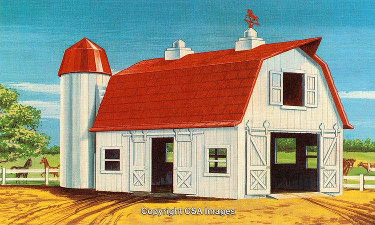 Illustrated Farm Barn With Red Roof in Countryside Landscape