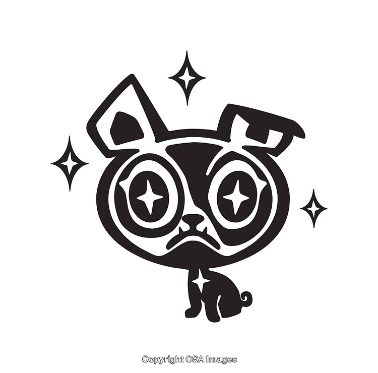 Black and White Line Art Illustration of a Cartoon Dog with Sparkling Eyes