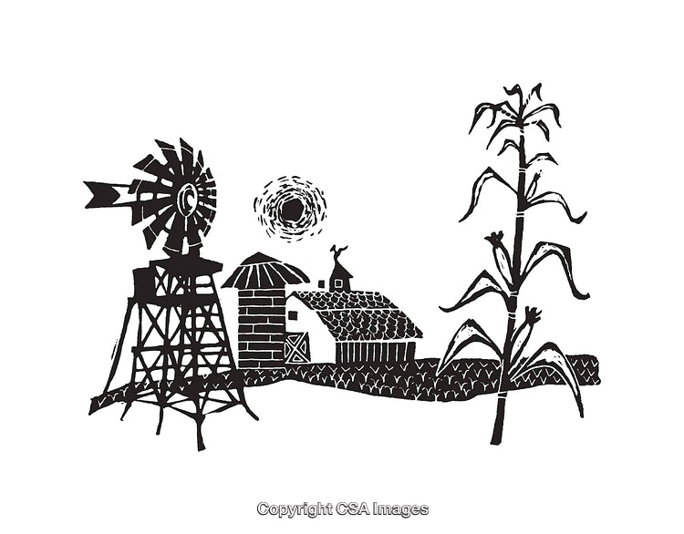 Rustic Countryside Line Art Illustration Featuring a Farm and Windmill
