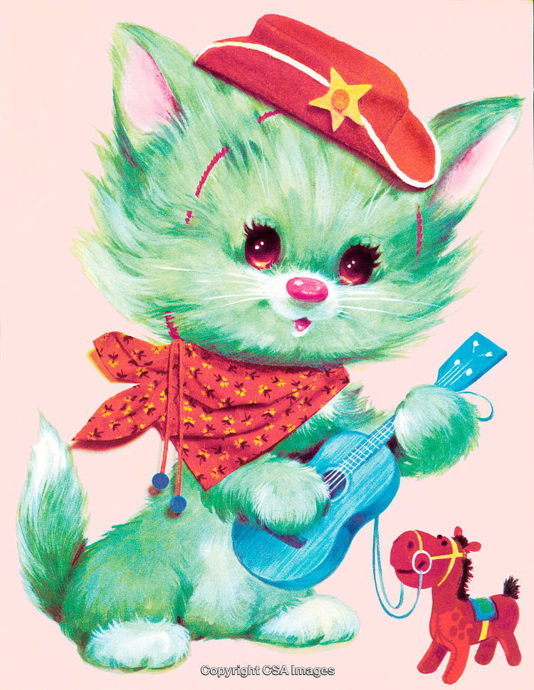 Adorable Green Cat Playing Guitar with Toy Horse and Cowboy Costume