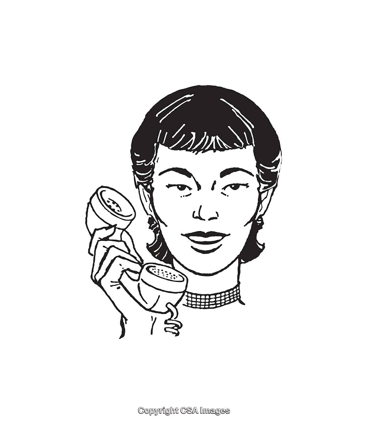 Retro Black and White Line Art Woman Talking on the Telephone