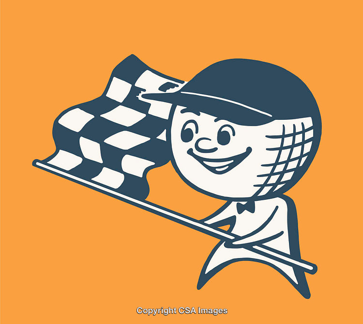 Cartoon Character Waving Checkered Flag on Vibrant Orange Background