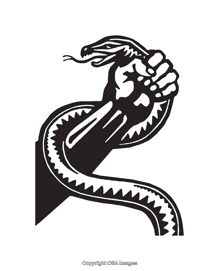 Black and White Illustration of a Snake Held in a Firm Grip