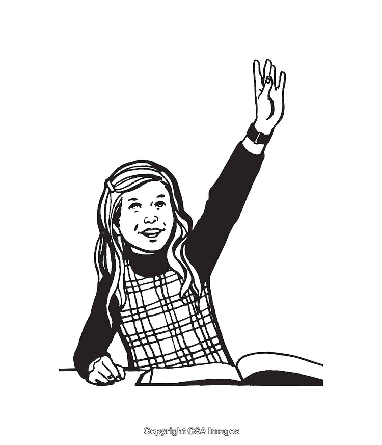 Black and White Illustration of Student Raising Hand in Classroom