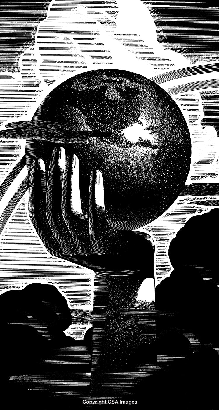 Illustration of a Hand Cradling Planet Earth with Cloudy Background