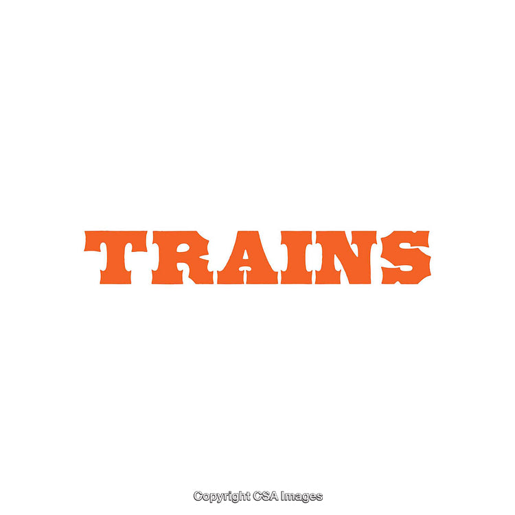 Orange Text 'TRAINS' in Western Style Font on a White Background
