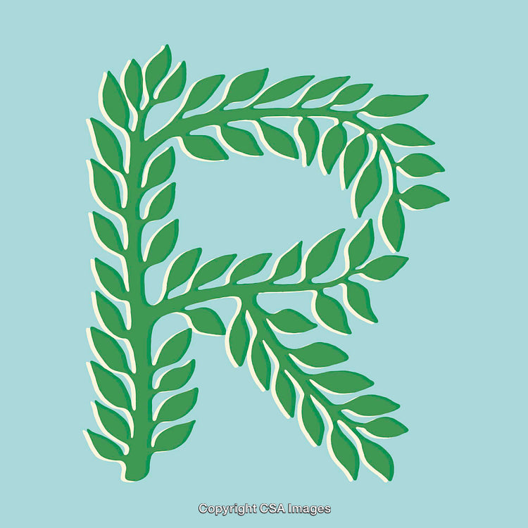 Stylized Letter R Formed by Leaves on a Light Blue Background