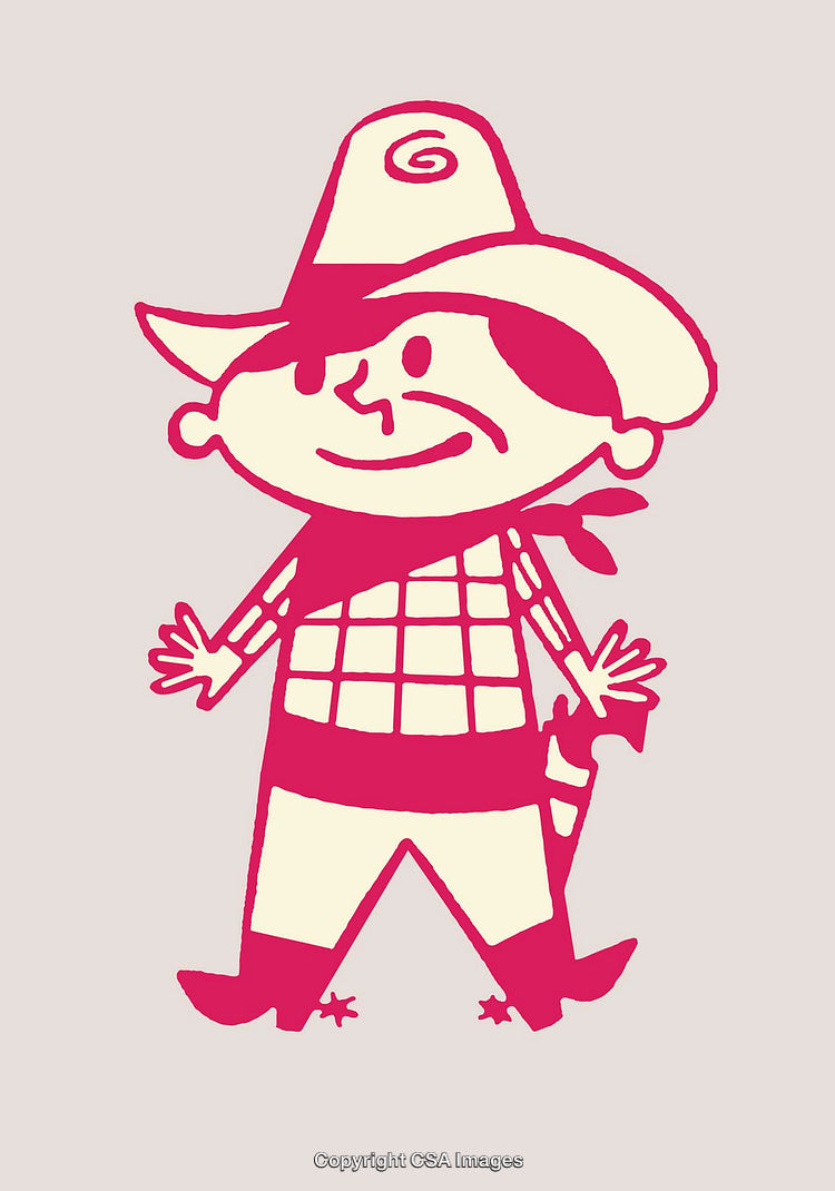 Cartoon Style Cowboy Character in Minimalistic Red and White Color Design