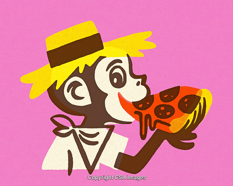 Cartoon Monkey Eating Pizza Slice on a Pink Colorful Background