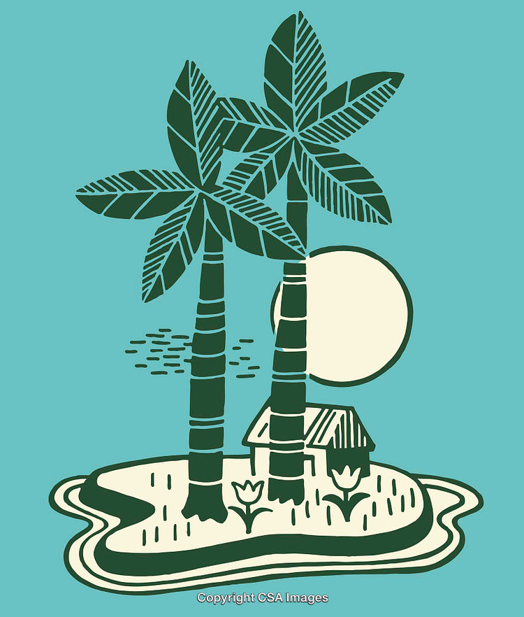 Tropical Illustration Featuring Palms, Island, and Hut with Sun Behind