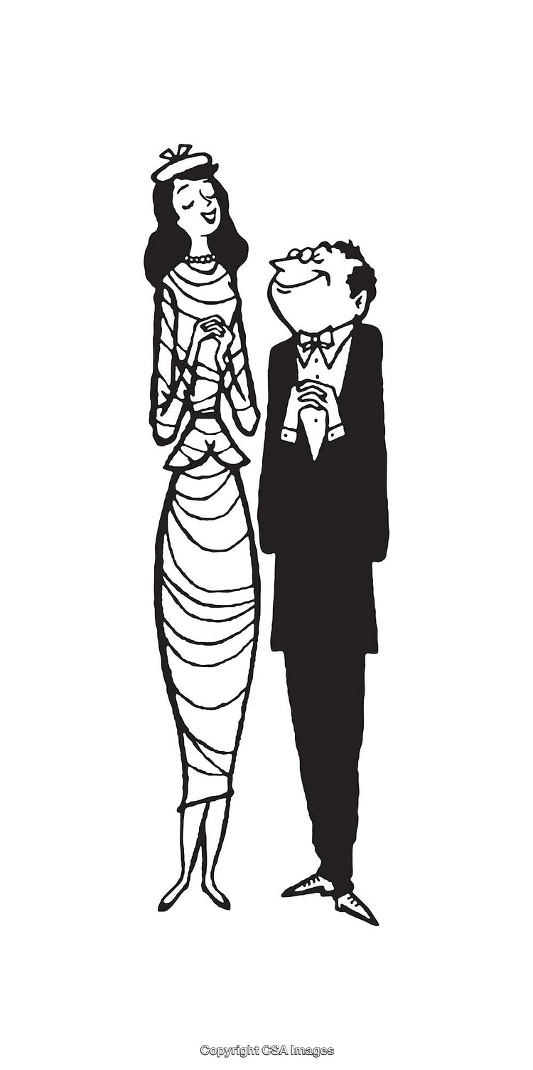 Elegant Line Art of a Couple in Formal Attire with Happy Expressions
