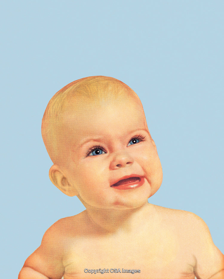 Adorable Blonde Baby Smiling Against a Sky Blue Background
