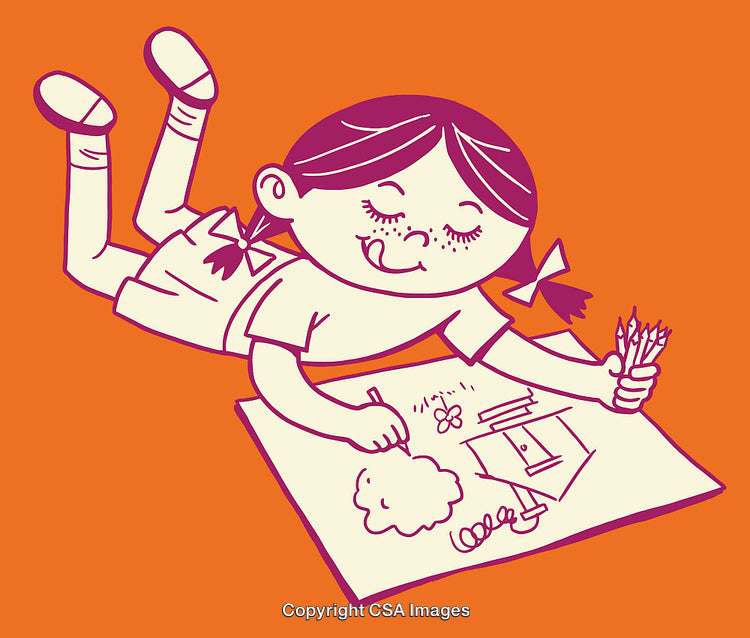 Playful Girl Creating Colorful Artwork with Pencils on Orange Background