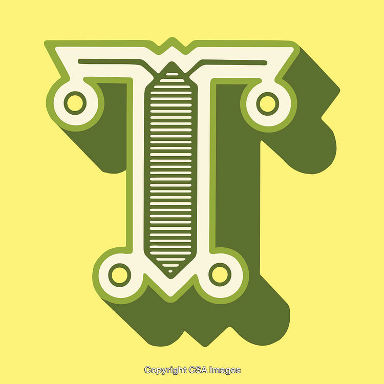 Artistic Green Letter T with Shadow on Yellow Background