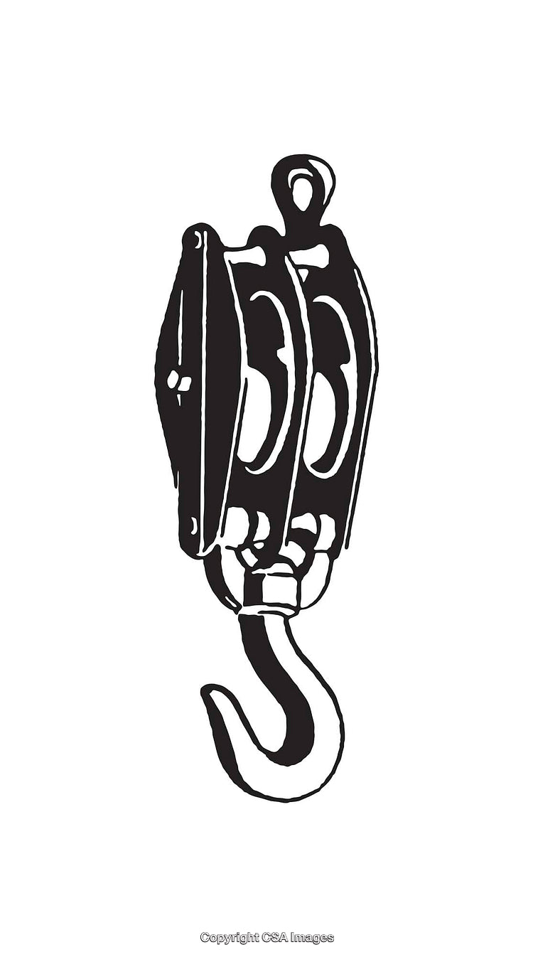 Vintage Black and White Line Art of a Dual Pulley Hook System