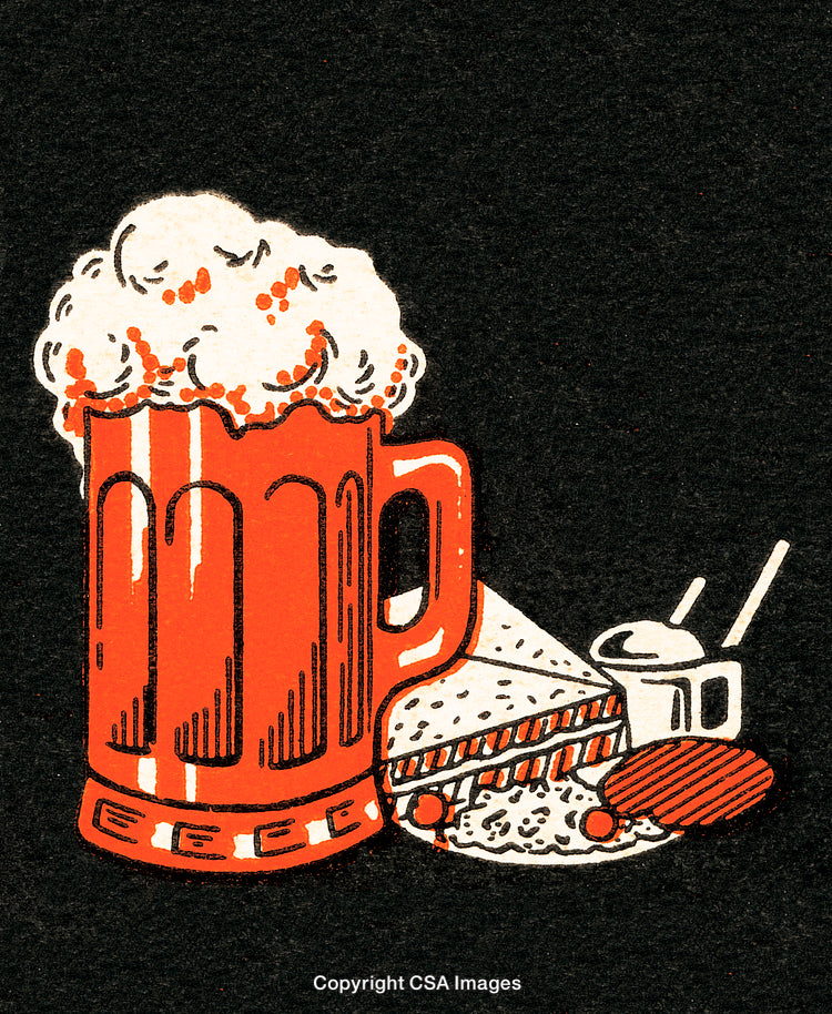 Vintage Illustration of Beer Mug with Food on Black Background