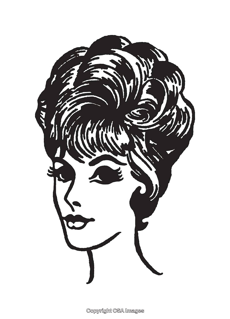 Vintage Black and White Line Art of Woman With Styled Hair