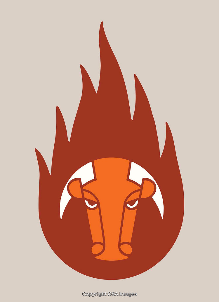 Stylized Bull Illustration Surrounded by Dynamic Flame in Bold Colors