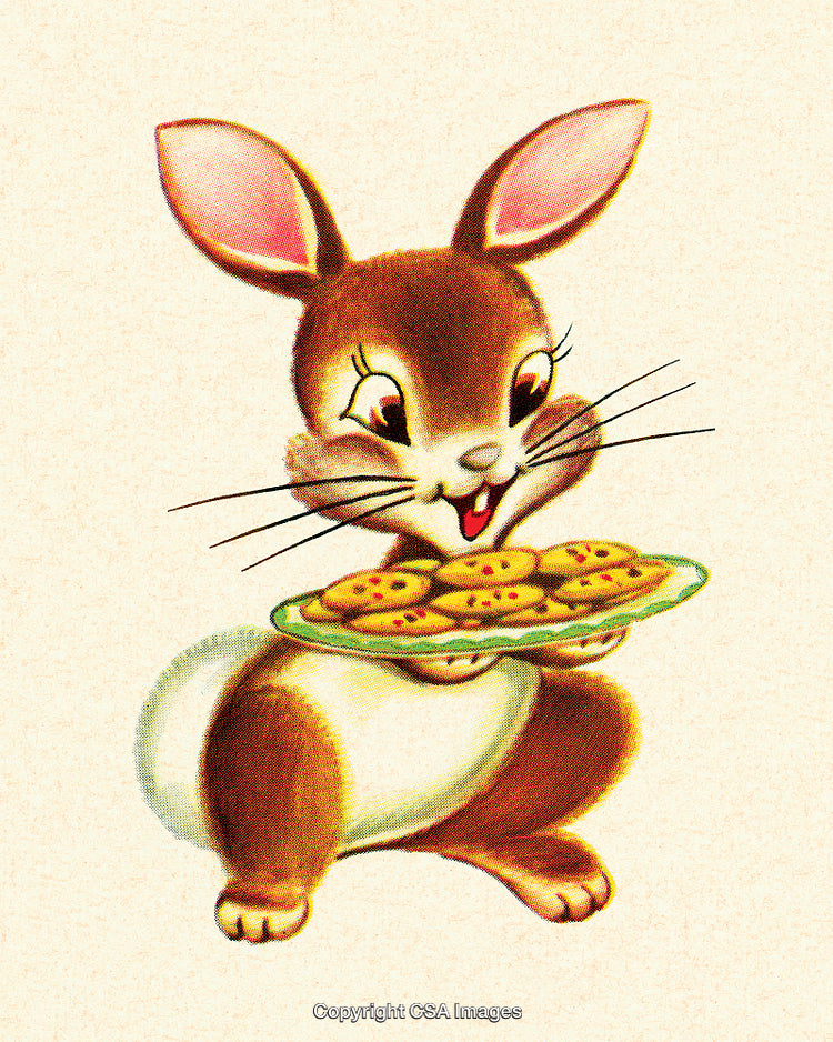 Adorable Cartoon Bunny Holding Plate of Delicious Cookies with a Happy Expression