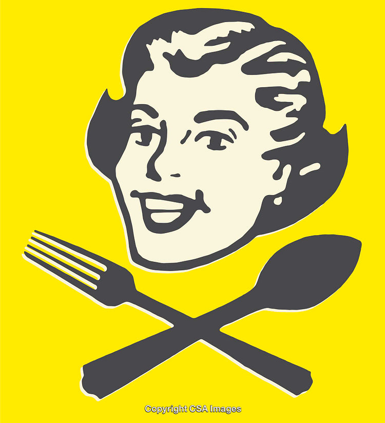 Retro Line Art Illustration with Fork and Spoon on Yellow Background