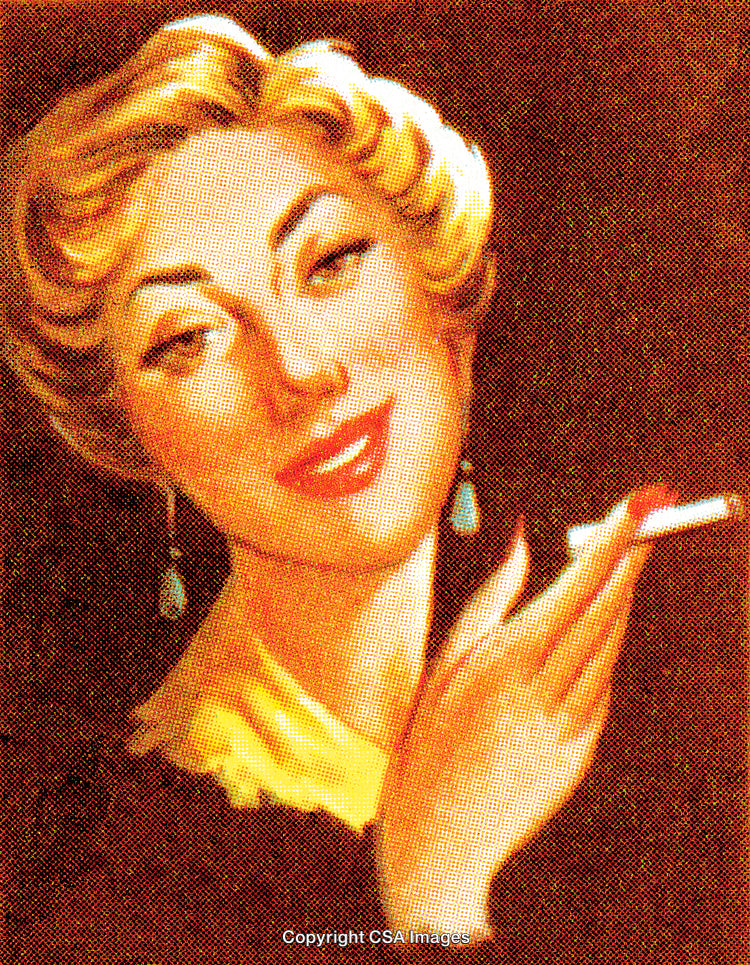 Vintage Illustration of Woman Holding Cigarette in Classic Pin-Up Art Style