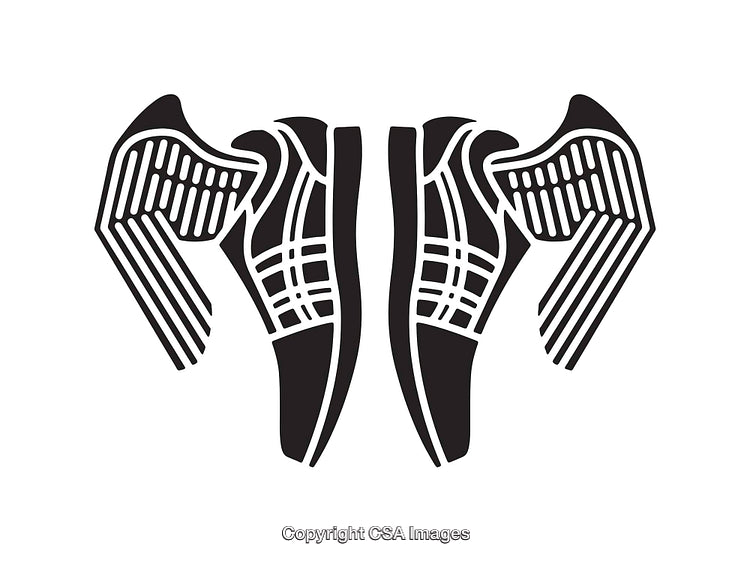 Stylized Line Art Illustration of Winged Sneakers in Black and White