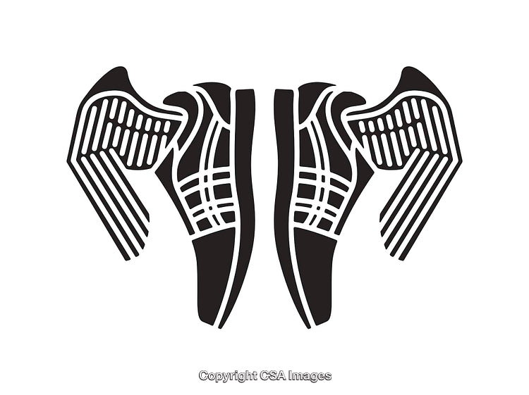 Stylized Line Art Illustration of Winged Sneakers in Black and White
