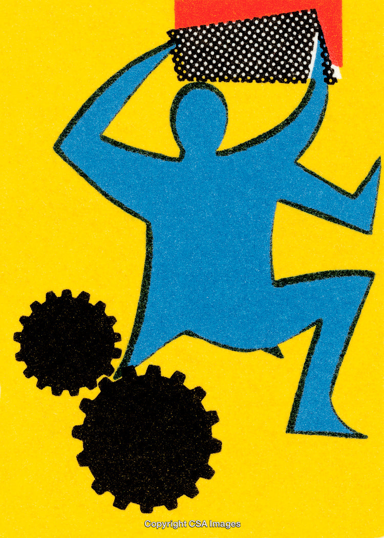 Abstract Illustration of a Figure Holding a Block with Gears