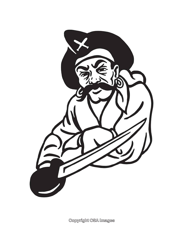 Black and White Pirate Line Art Illustration With Sword and Hat
