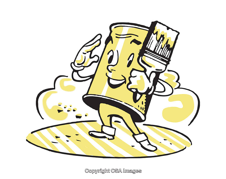 Playful Illustration of a Paint Can and Brush Character in Action