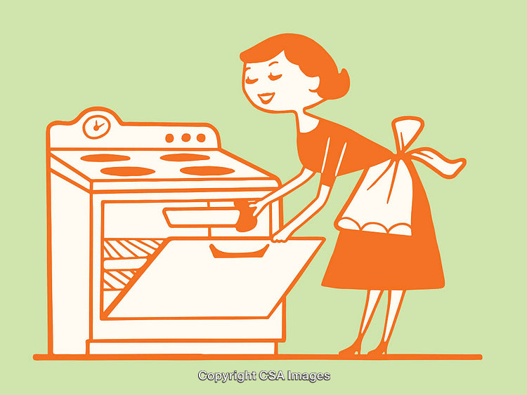 Vintage Style Illustration of Woman Baking in Retro Kitchen Scene