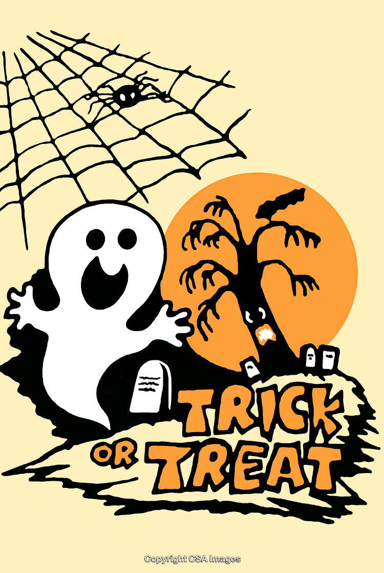 Cheerful Halloween Ghost with Spiderweb Tree and Trick or Treat Sign
