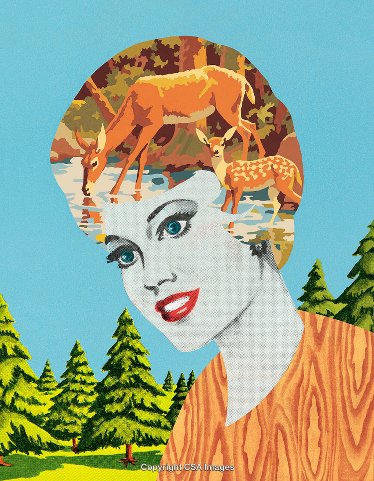 Surreal Portrait of a Woman Combining Nature and Artistic Collage Elements
