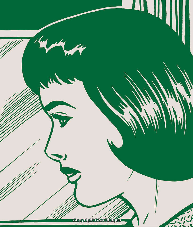 Stylized Illustration of Thoughtful Woman in Profile With Minimalist Green and White Design