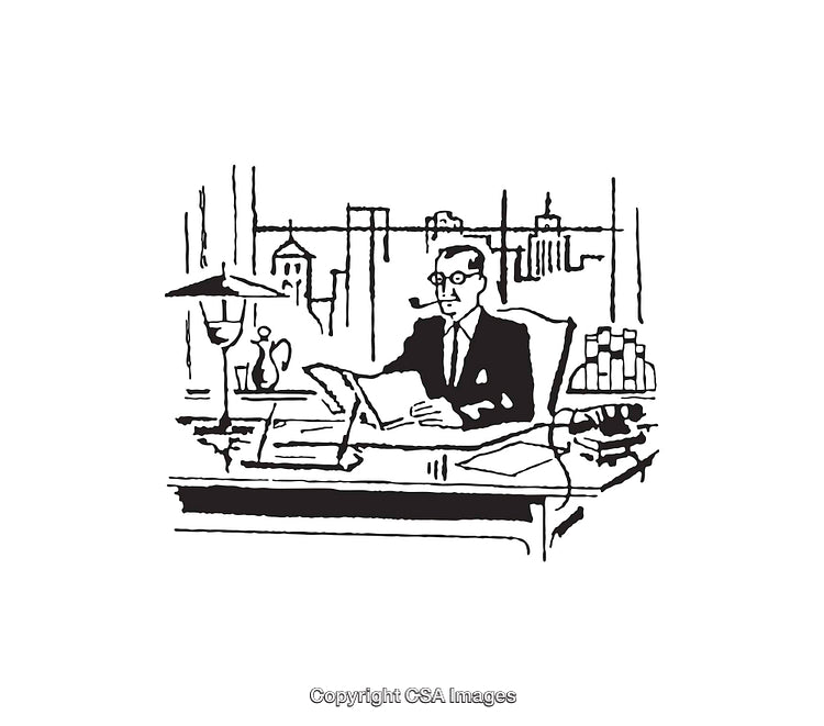 Vintage Black And White Line Art of a Businessman at His Desk
