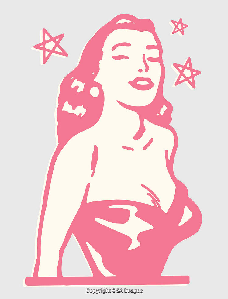 Stylized Portrait of Woman in Pink Line Art with Stars