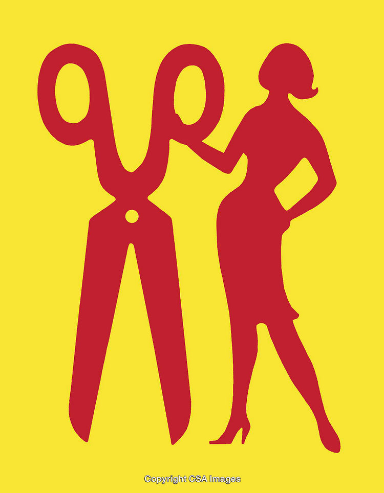 Stylized Silhouette of a Woman Standing Beside Large Scissors on Yellow
