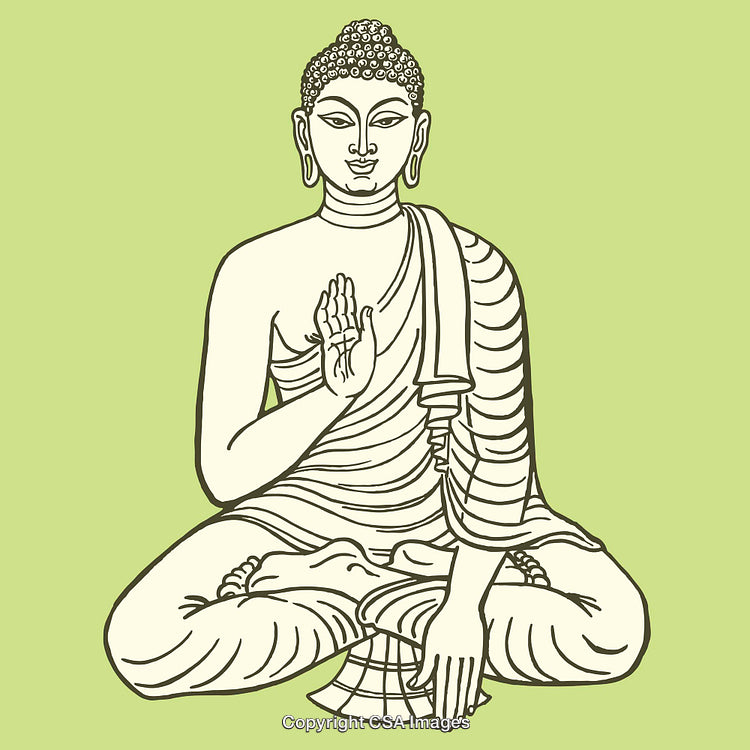 Color Line Art Illustration of Buddha in Meditation on Green Background