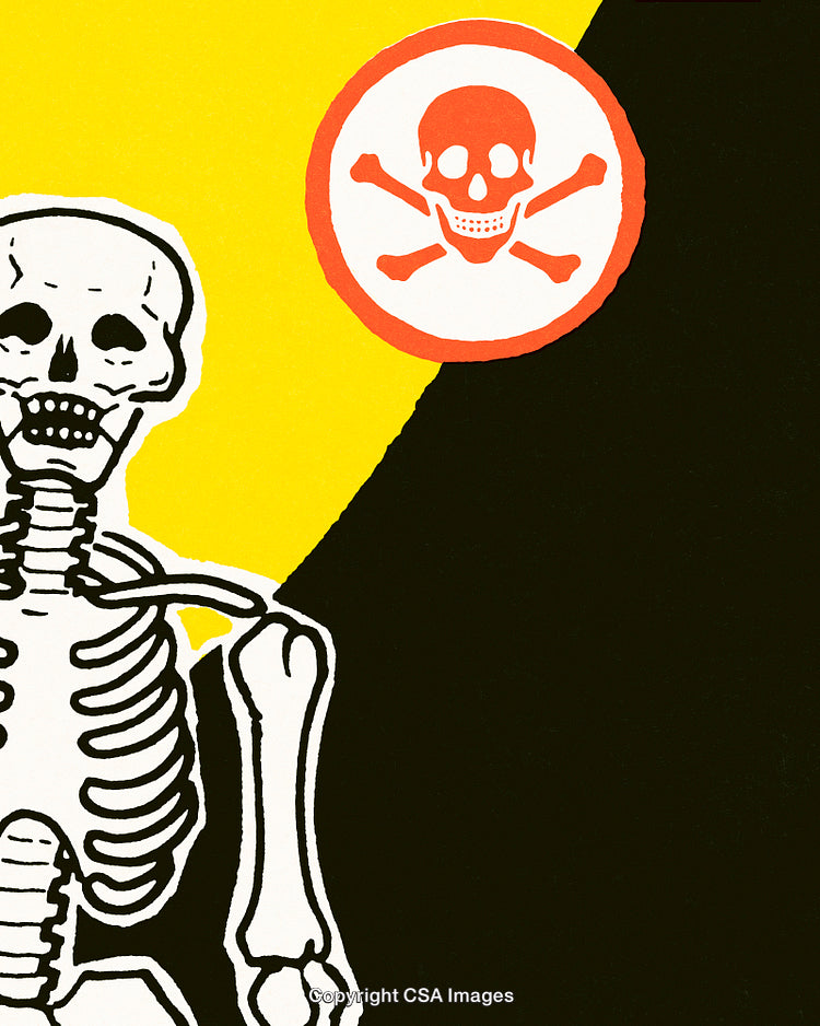 Bright Illustration of Skeleton and Warning Sign with Bold Colors