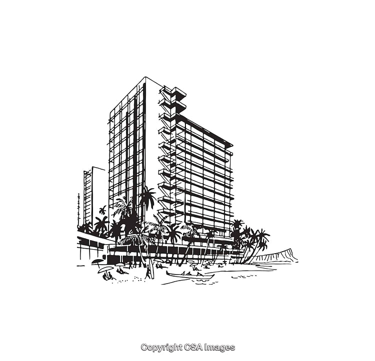 Black and White Line-Art Illustration of Tropical Beachside Hotel Building