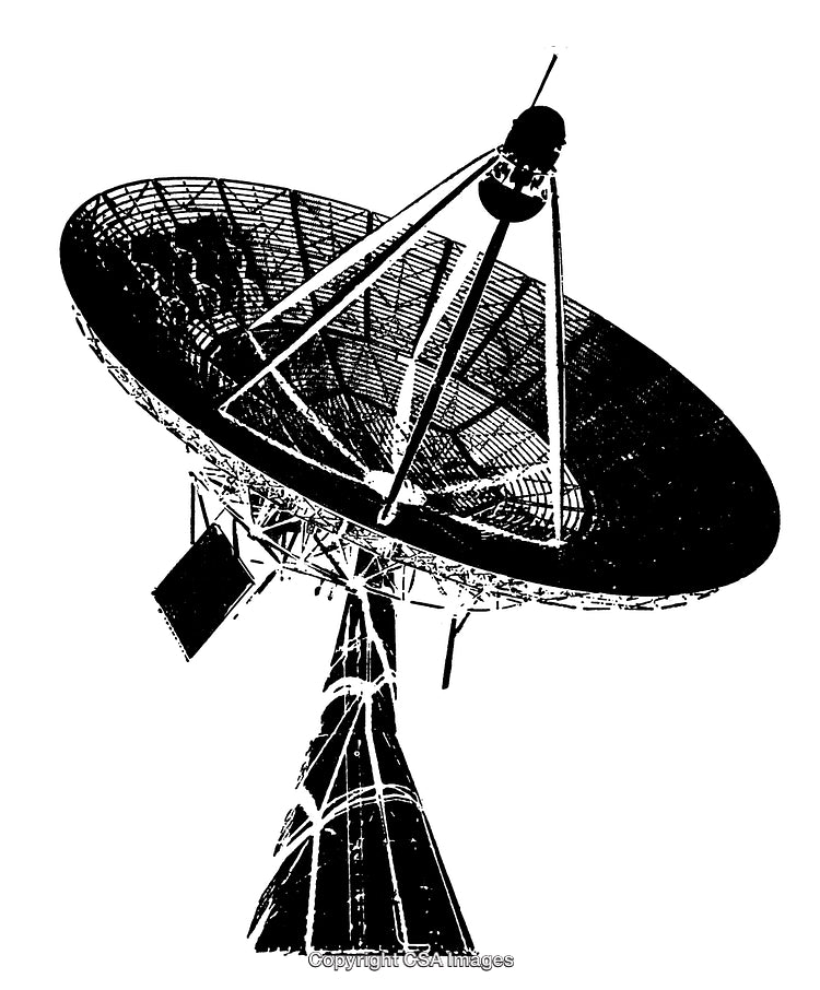 Detailed Black and White Engraving of a Satellite Dish Antenna